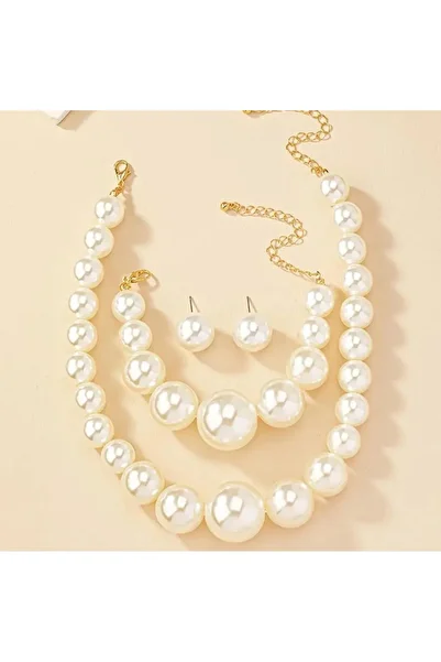 Yıldız Accessory Earrings Necklace Bracelet Pearl Set Wedding Engagement Organization Party Set