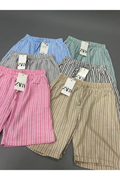 Elif Zara Çizgili Keten şort