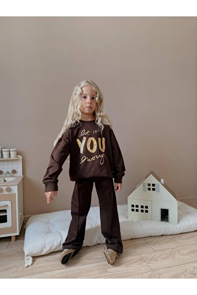 YİGİT BUTİK Glitter Printed Long Sleeve Girl's Bottom Top Set
