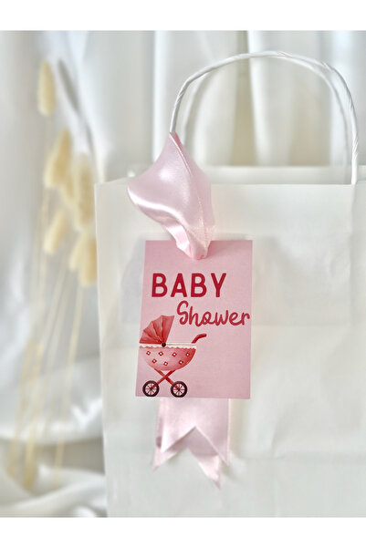 ATOLYE498 10ADET PEMBE BABY SHOWER ETİKETLİ BEYAZ KRAFT KAĞIT-KARTON ÇANTA-HE...