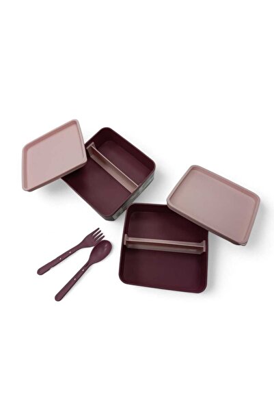 NY HOME Square Lunch Box 2 Layer Adjustable Fork Spoon Food Storage Container Plum
