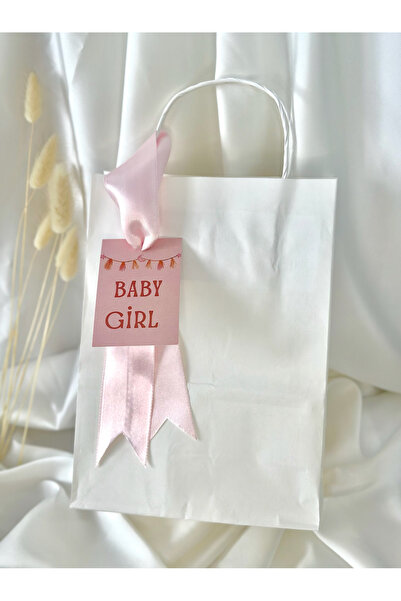 ATOLYE498 10ADET PEMBE BABY GİRL ETİKETLİ BEYAZ KRAFT KAĞIT-KARTON ÇANTA-HEDİYELİK ÇANTA/YENİ DOĞAN/DOĞUM GÜNÜ