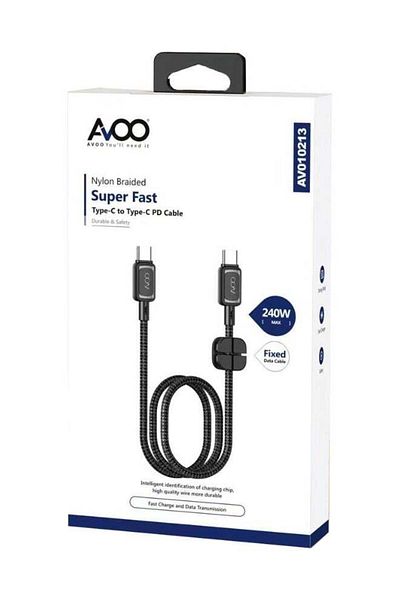 AVOO Hook Cable Type-C to Type-C Charging Cable, Fabric Resistant to Cuts, Fast Charging, 1m 240W, 480 Mb