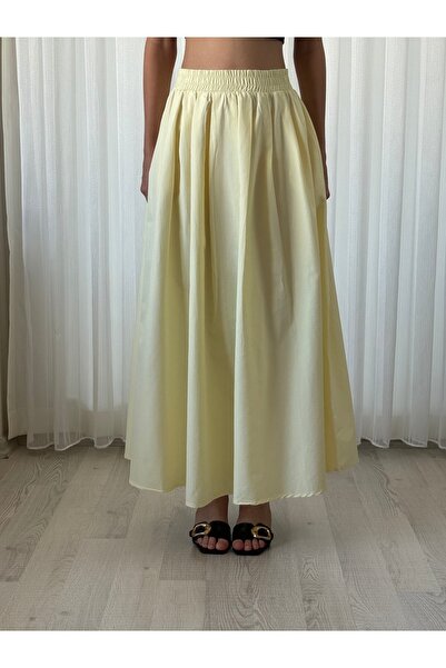 LUNARE BUTİK KADIN AÇIK SARI CEPLİ MİDİ DOKUMA ETEK