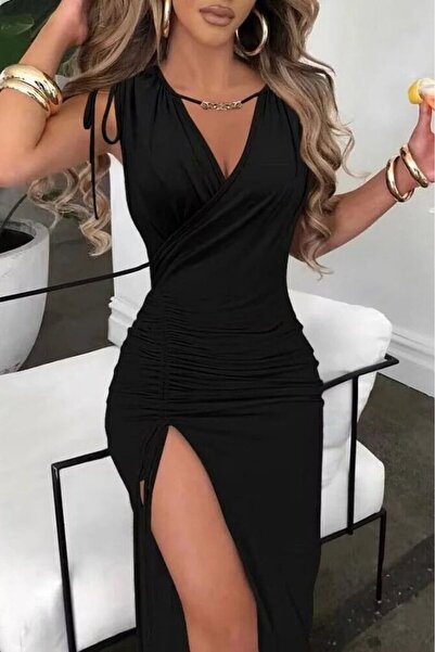 Viyamo Women's zero sleeve v neck slit detailed waist drawstring shoulder lace up sandy maxi dress