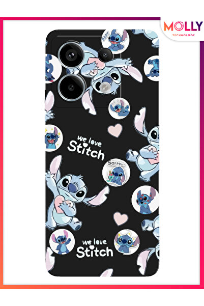 Molly Xiaomi Redmi Note 13 Pro 5G İçin Siyah We Love Stitch Desenli Silikon K...