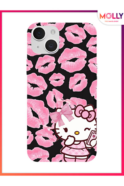 Molly iPhone 15 İçin Siyah Pink Kiss Kitty Desenli Silikon Kılıf