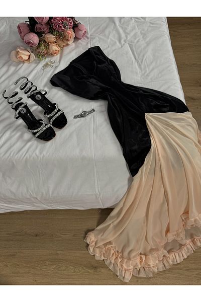 leevan fashion Black velvet evening dress with beige chiffon ruffle skirt