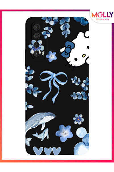 Molly Huawei P Smart 2021 İçin Siyah Blue Flow Kitty Desenli Silikon Kılıf