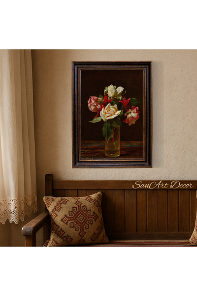 Sanart Рамкирана винтидж картина, маслена картина с принт, рамкирана картина, арт декор, картина с цветя