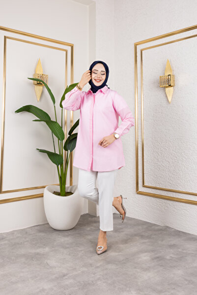 Eliva Kadın Pembe Pudra Terikoton Gizli Düğmeli Boyfriend Tesettür Gömlek