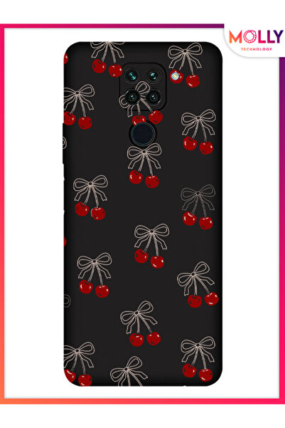 Molly Xiaomi Redmi Note 9 İçin Siyah Cherry Desenli Silikon Kılıf