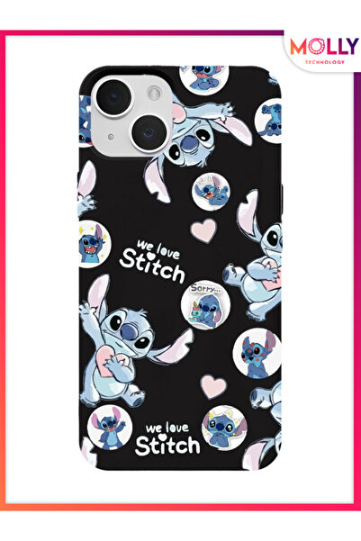 Molly iPhone 13 İçin Siyah We Love Stitch Desenli Silikon Kılıf