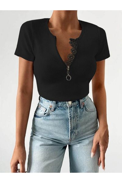 Viyamo Women's White Collar Lace and Zippered Camisole Blouse