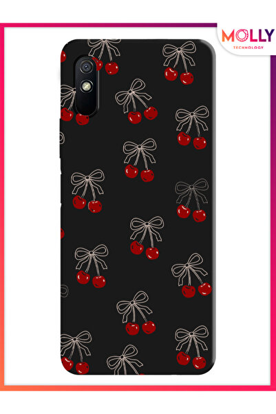 Molly Xiaomi Redmi 9A İçin Siyah Cherry Desenli Silikon Kılıf