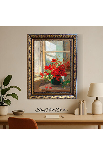 Sanart Pictură de epocă cu cadru, pictură imprimată în ulei, pictură înrămată, decor artistic, pictură cu flori