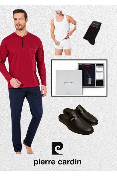 Pierre Cardin Men's Clothing Boxed Dowry Gift Combed Cotton Pajama Set & Undershirt - Boxer & Socks & Leather Slippers Set