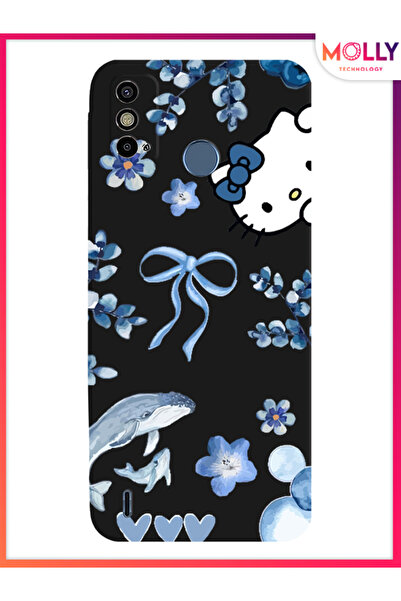 Molly Tecno Spark 6 Go İçin Siyah Blue Flow Kitty Desenli Silikon Kılıf