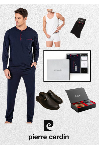Pierre Cardin Boxed Dowry Combed Cotton Pajama Set & Undershirt - Boxer & Socks & Leather Slippers Set & Belt Wallet Set