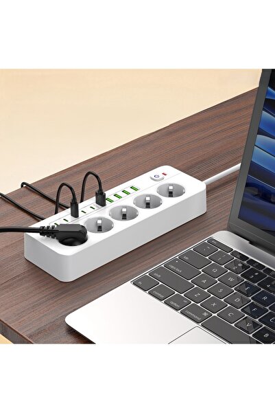 asua 5'Li Priz 4X USB 5X PD Şarj Termal Isı Korumalı Priz 2 Metre Kablo Çoklu Grup Priz