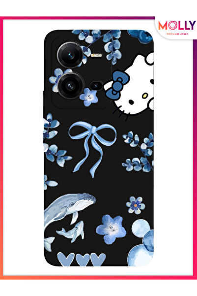 Molly Vivo V25 İçin Siyah Blue Flow Kitty Desenli Silikon Kılıf