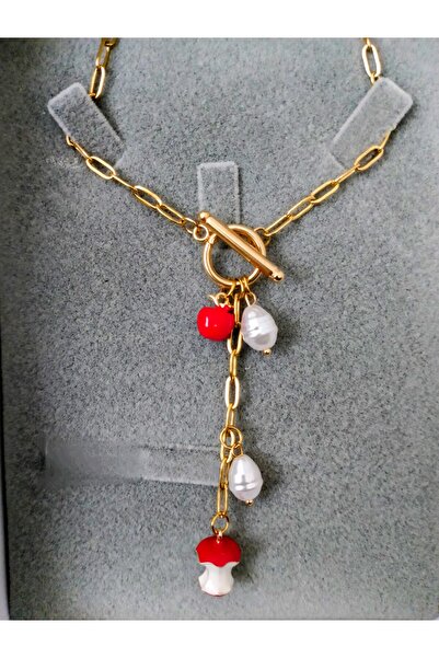 Enjoy Vip Design Women's Necklace with Red Apple Pearl Detail with Gold Color Chain Stylish and Modern # Gift