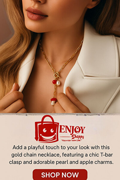 Enjoy Vip Design Women's Necklace with Red Apple Pearl Detail with Gold Color Chain Stylish and Modern # Gift