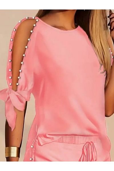 civetta Women's short sleeve crew neck half open shoulder pearl detailed short t-shirt viscose double set