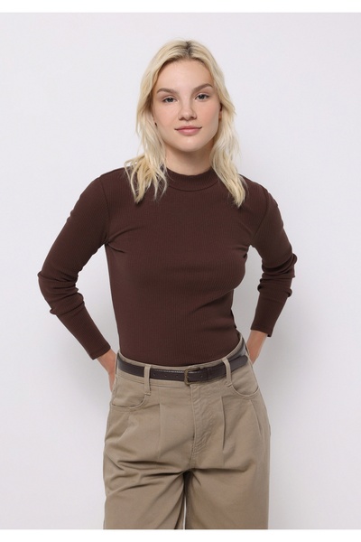 Colin's Slim Fit Half Turtleneck Plain Women's Brown T-Shirt