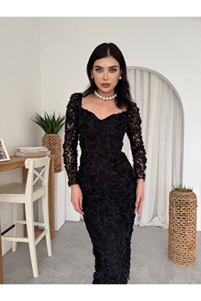 zoezoe Üç Boyutlu Gül Aplikeli Kalp Yaka Bordo Elbise