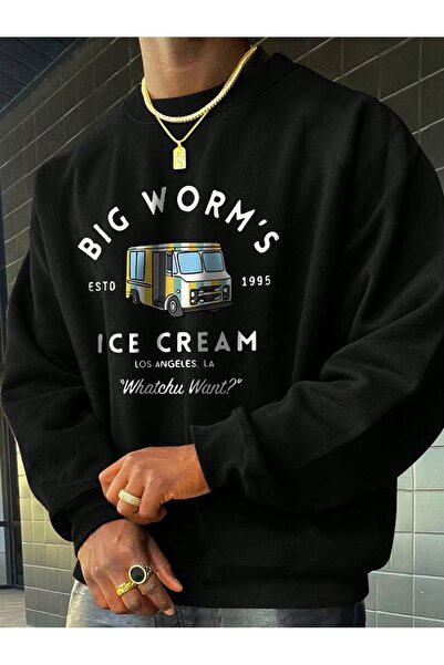 Flood Of Style Cămașă bărbătească neagră cu imprimeu Big Worm, guler rotund, ...