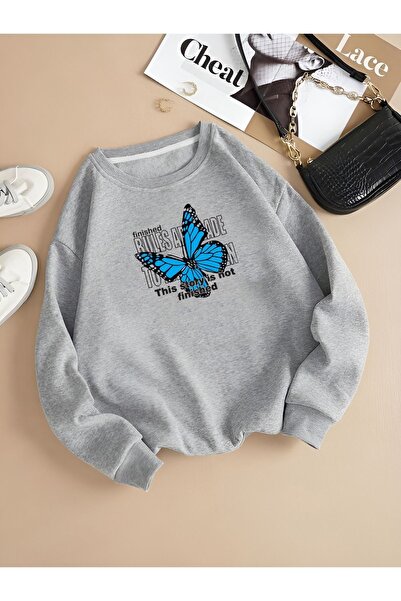 Flood Of Style Femeie Gri cu Finish Gri Kelebek cu imprimeu supradimensionat