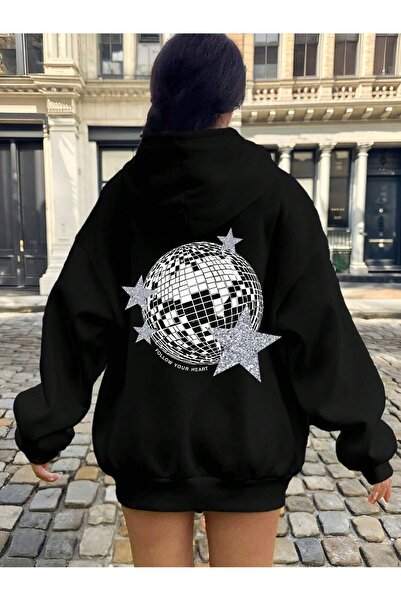 Flood Of Style Hanorac negru pentru femei Black Disco Star cu imprimeu cu glugă