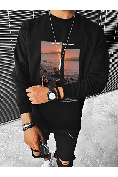 Flood Of Style Μαύρο ανδρικό μπλουζάκι The Sun με τύπωμα Crew Neck oversized
