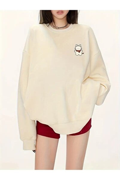 Flood Of Style Beige Women's Beige Figure Plush Printed Crew Neck