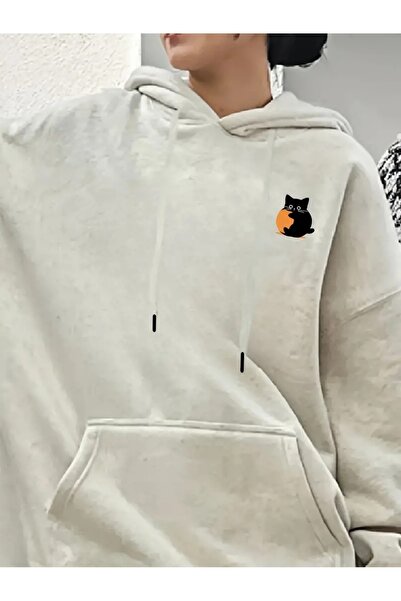 Flood Of Style Hanorac gri pentru femei, cu logo gri Cat cu imprimeu 3 Thread K cu glugă
