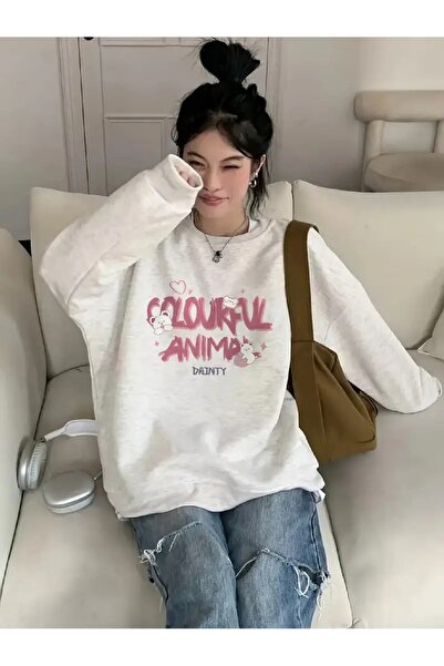 Flood Of Style Γκρι Γυναικείο Γκρι Πολύχρωμο Animal με τύπωμα Crew Neck overs...