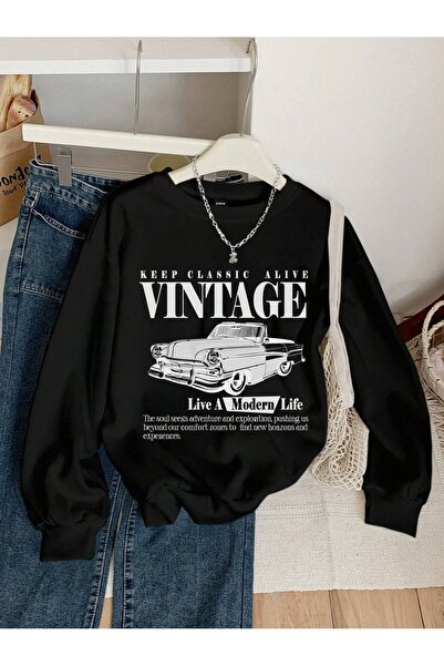 Flood Of Style Femeie neagră Black Car Vintage cu imprimeu guler rotund supra...