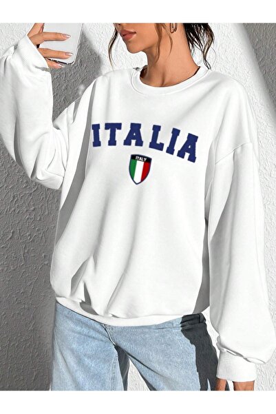Flood Of Style White Women's White Italia Printed Crew Neck Oversize