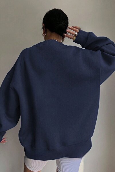 Flood Of Style Navy Blue Women's Navy Blue m Logo Printed Crew Neck Oversize