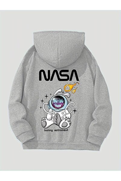 Flood Of Style هوديي نسائي رمادي اللون مطبوع عليه رائد الفضاء ناسا باني بثلاث...