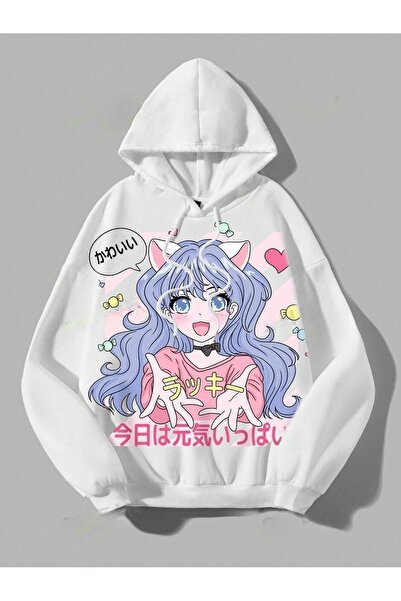 Flood Of Style Λευκό γυναικείο μπλουζάκι με κουκούλα με με τύπωμα κλωστές K μ...