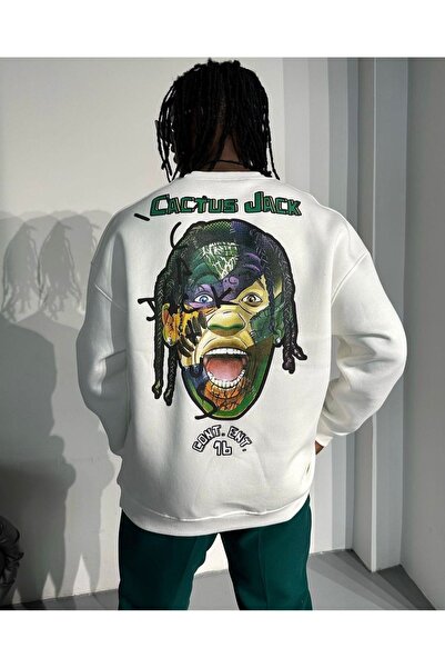 Flood Of Style Bărbat alb Cactus Jack alb cu imprimeu guler rotund supradimensionat