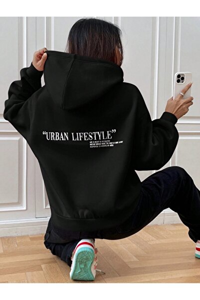 Flood Of Style Hanorac negru cu glugă cu imprimeu Black Urban Lifestyle pentru femei