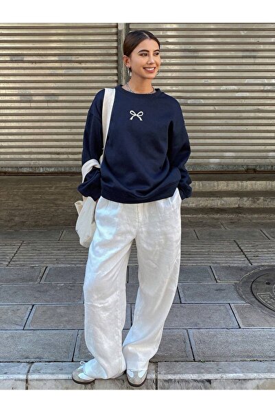 Flood Of Style Mini panglică bleumarin pentru femei bleumarin cu imprimeu guler rotund supradimensionat