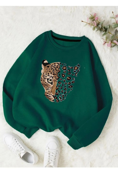 Flood Of Style Green Unisex Nefti Green Leopard Printed Crew Neck Oversize