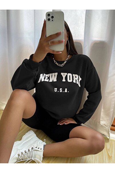 Flood Of Style Μαύρο γυναικείο φούτερ με κουκούλα New York USA με τύπωμα