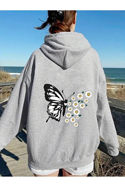 Flood Of Style Γκρι γυναικείο φούτερ με κουκούλα Grey Butterfly Daisy με τύπω...