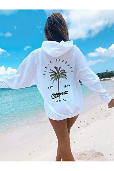 Flood Of Style White Women's White Santa Barbara Printed Hooded Hoodie