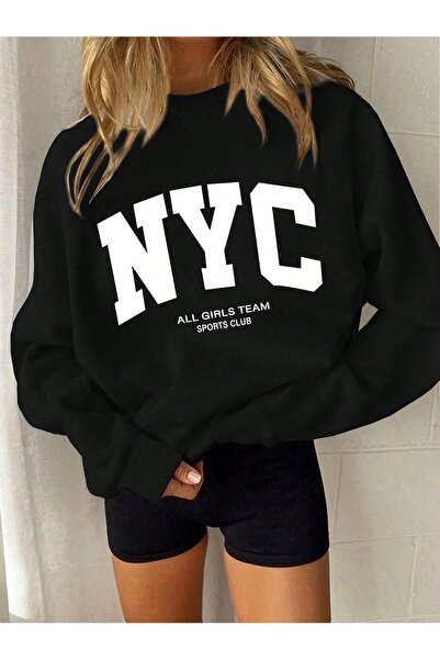 Flood Of Style Μαύρο γυναικείο μπλουζάκι Black Nyc Girls με τύπωμα Crew Neck ...